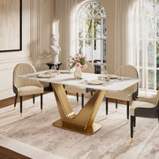 Square Dining Table with Gold V-shaped Base and Exquisite Marble-Look Surface for 4-6 People
